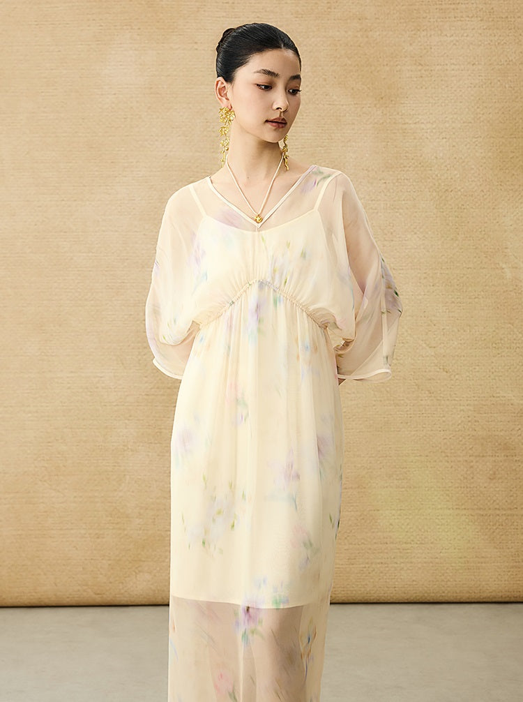 HECO Chinese Resort Style Flowing V-neck Dress - STONE.