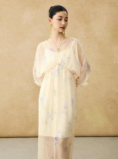 HECO Chinese Resort Style Flowing V-neck Dress - STONE.