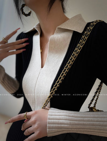Aconiconi Luxury Polo Collar Long Sleeve Slim Fit Knitted Midi Dress- Paris Old Dream