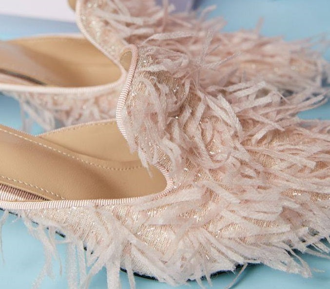 B-FEI fringed sandals slippers mules kitten heels-MUMT.