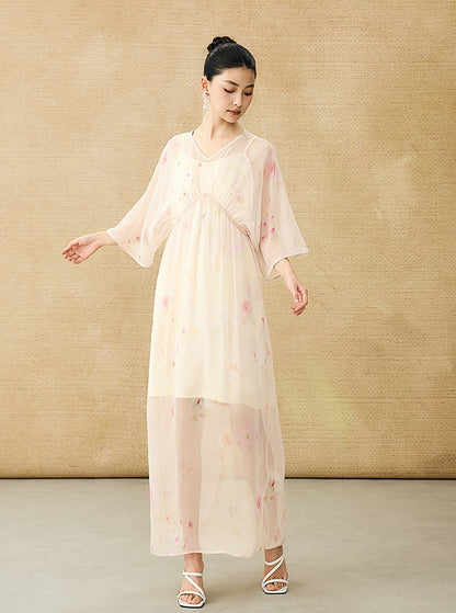 HECO Chinese Resort Style Flowing V-neck Dress - STONE.