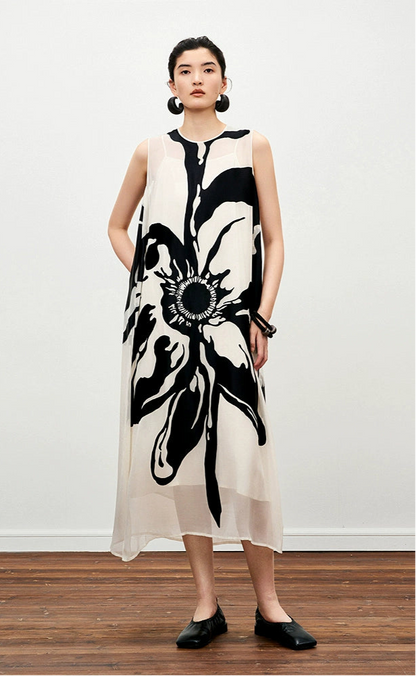 ZHUCHONGYUN Summer Ink Dot Floral Straight Sleeveless Dress--SAKI.