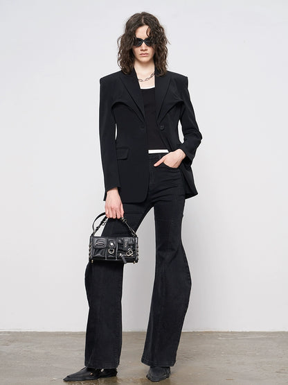 ANNAKIKI black acetate three-dimensional waist suit jacket for women-MARS