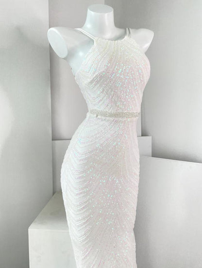 DOLLY High End Sleeveless Halter Neck Sequin Embroidery Long Banquet Dress-KATRINA