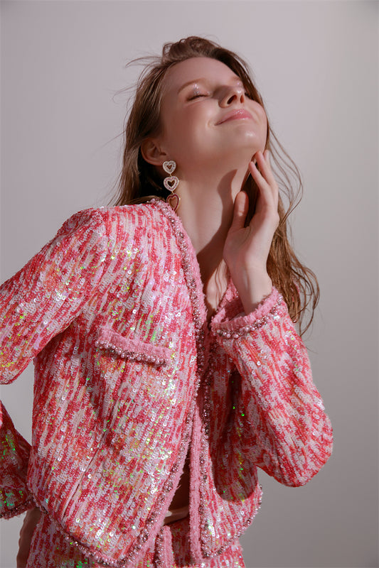 Wardrobes by Chen High End Rose sequin tweed  Red Jacket/Short Skirt- Nimo