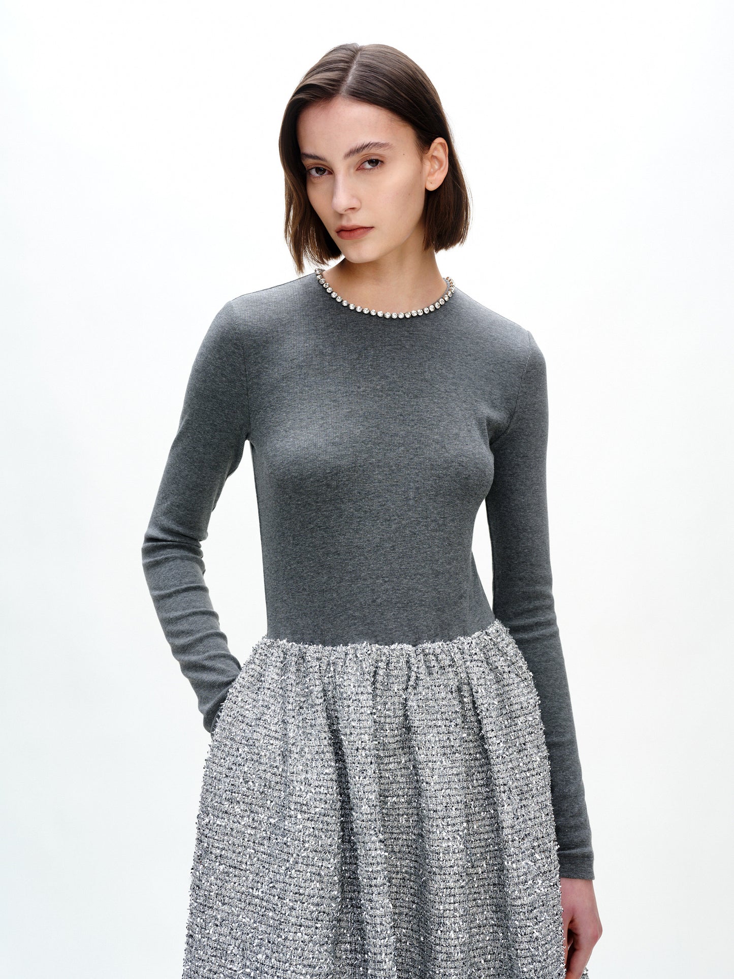 SERRER Grey knitted paneled diamond-encrusted backless dress - ETHAN.
