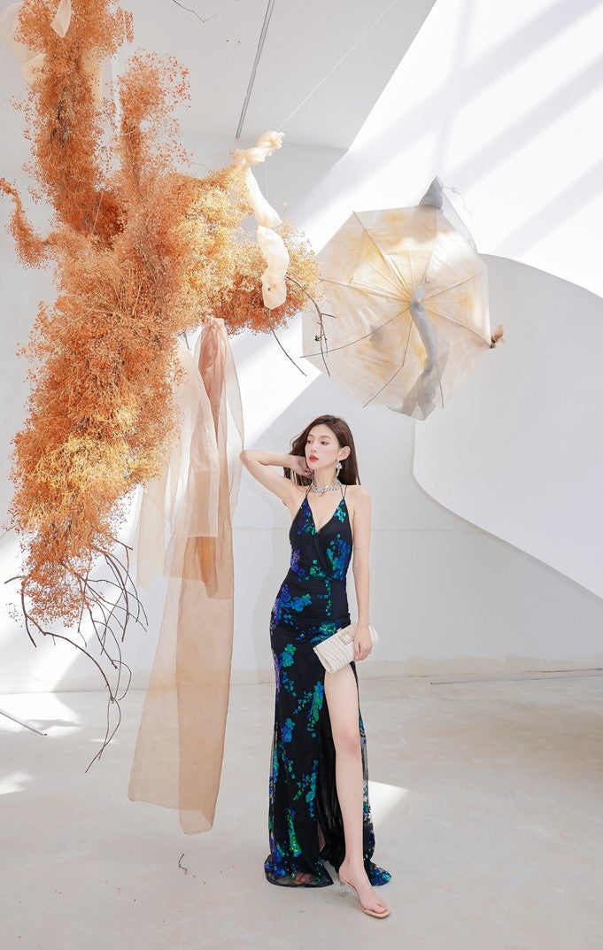 DOLLY High End Sleeveless V-Neck Halter Neck Backless Sexy Long Dress-LEAH