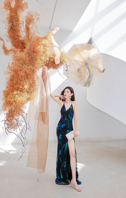 DOLLY High End Sleeveless V-Neck Halter Neck Backless Sexy Long Dress-LEAH