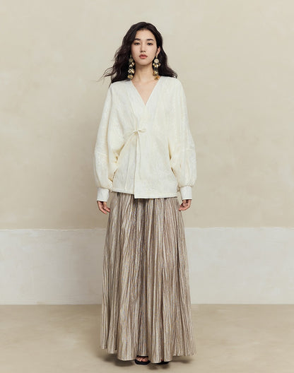 HECO striped texture swing high waist black green women's long skirt - muse.