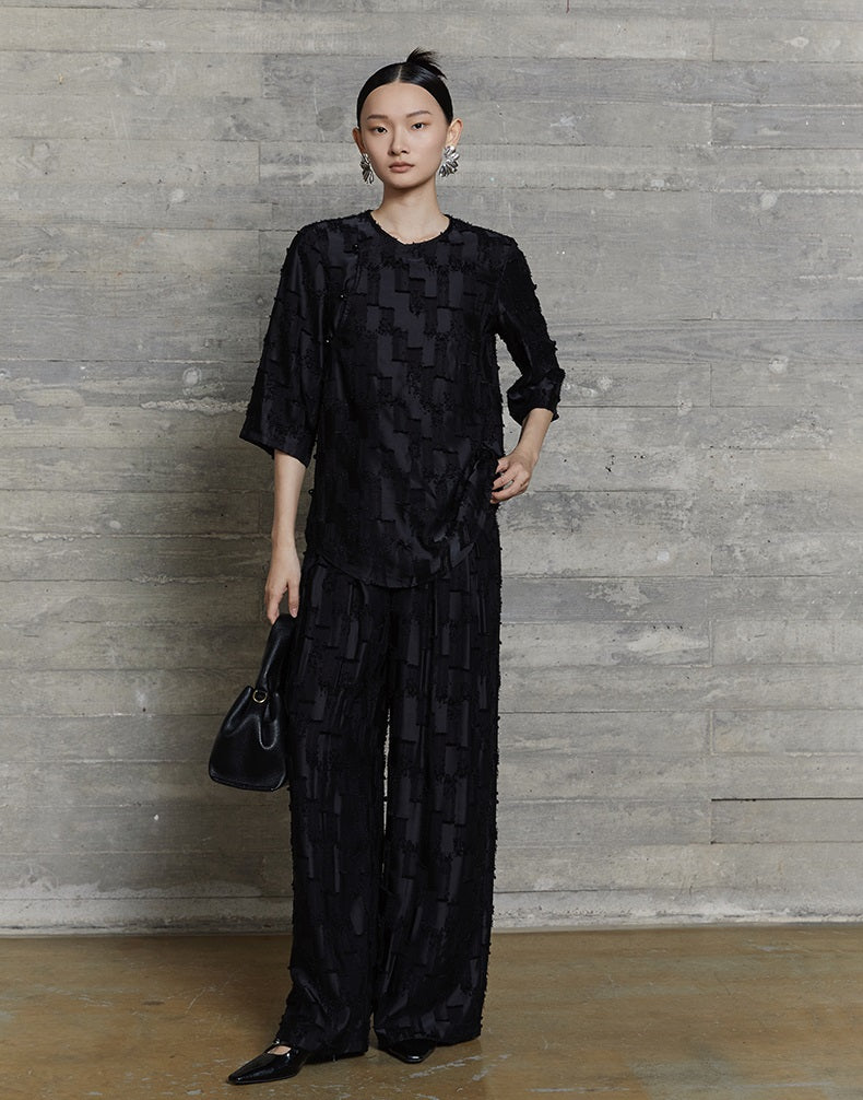 HECO Round Neck Square Tassel Design Texture Shirt Top Women - reign.