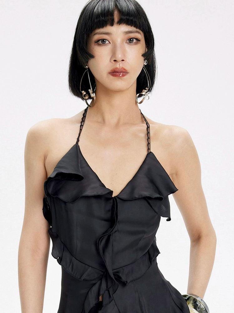 TINY IN irregular ruffled lace halter neck top- PIPI
