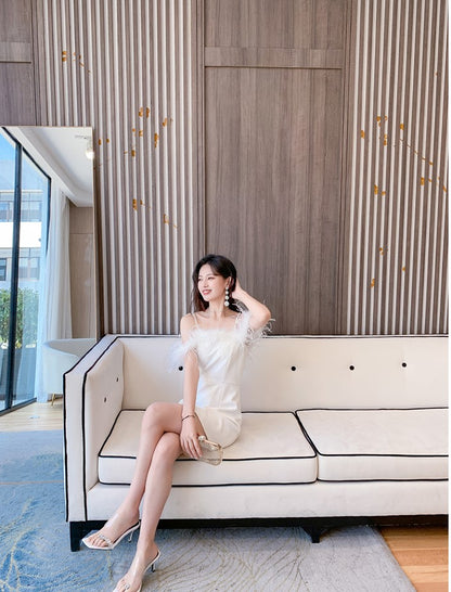 DOLLY Elegant Sling Off Shoulder Feather Slim Fit Short Tassel Birthday Dress-JAJA