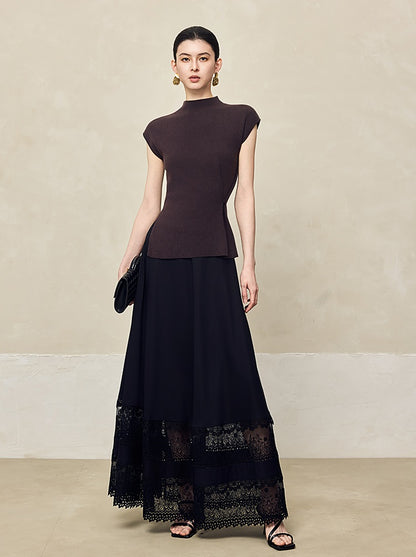 HECO Waist Side Buckle Stand Collar Knitted Short Sleeve Top- BLOOD.