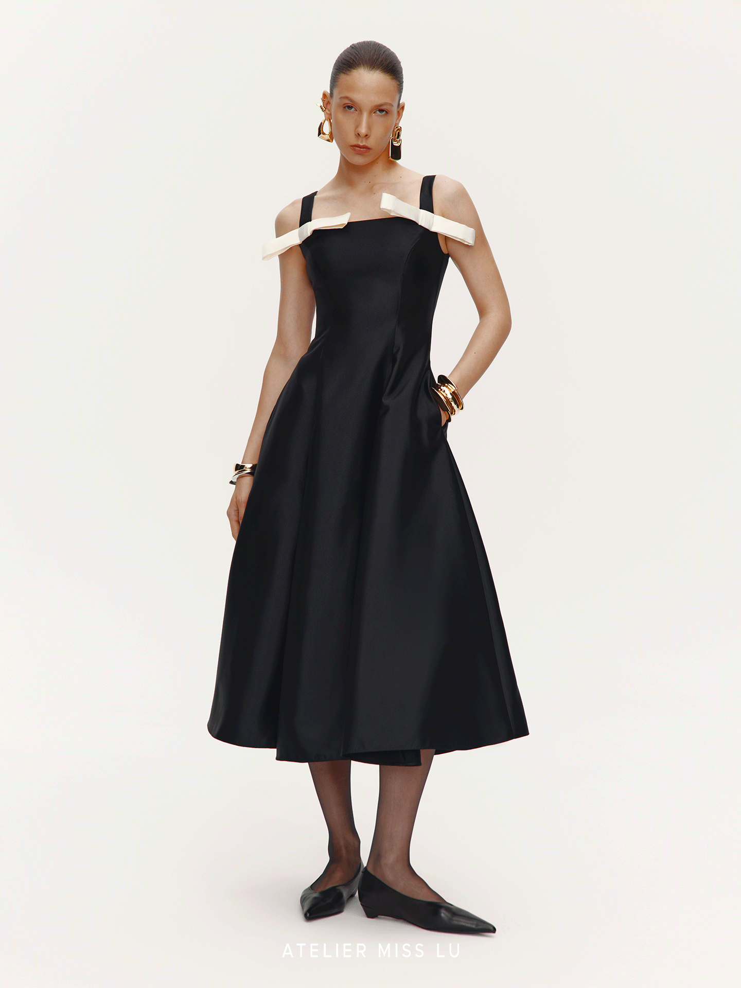 ATELIER MISS LU  Contrasting Bow Splicing Dress Long Skirt - MARTA.