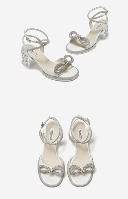 SHOESZOOO Straight Line Rhinestone Thick Heeled Sandals with Bow - GRIT.