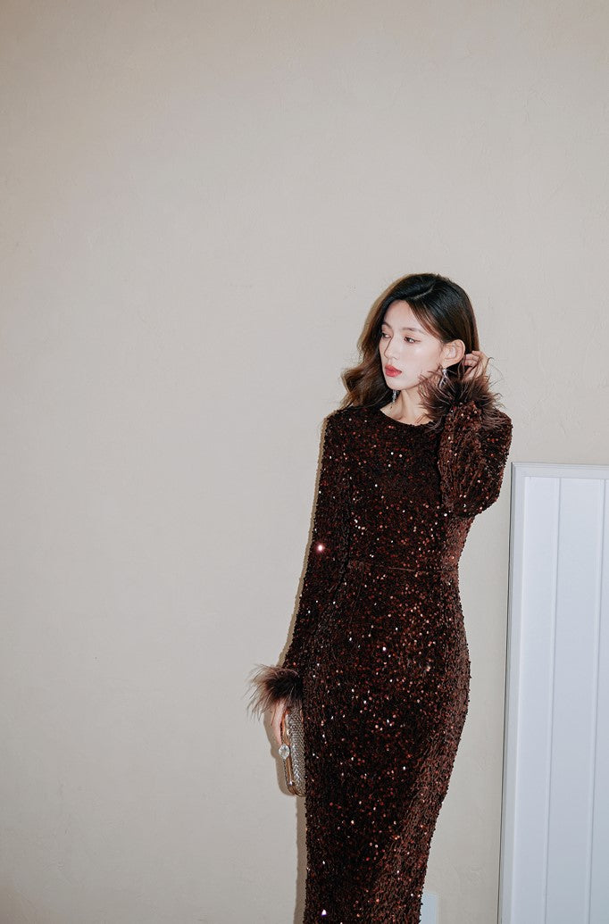 DOLLY Elegant Retro Style Crew Neck Long Sleeve Sequin Long Banquet Dress-TANIA