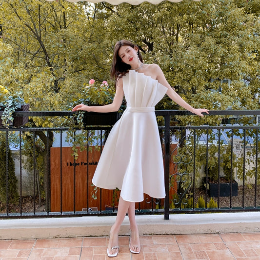 DOLLY Elegant Off Shoulder Pleated Ruffle Tube Top High Wait Midi Dress-LLA