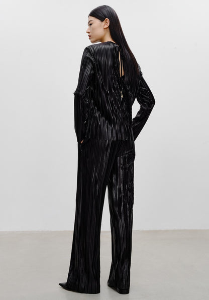 COMME MOI Lv Yan designer women's pin-pleated crewneck top commuter shirt - IVY.