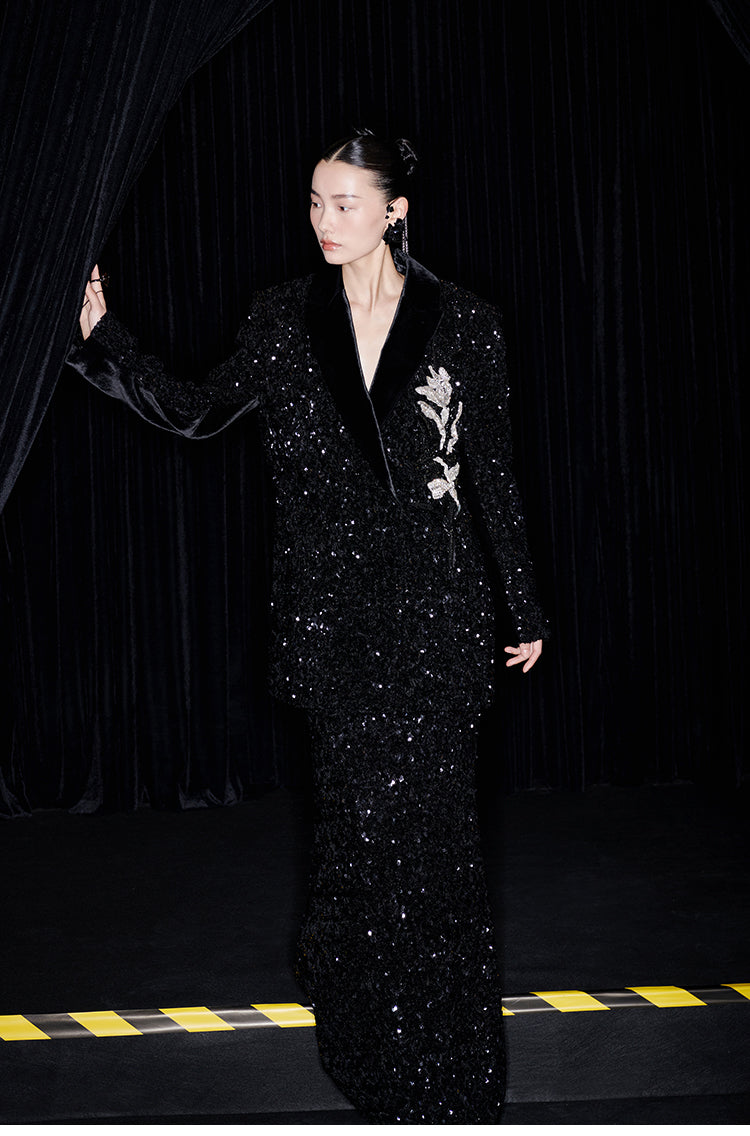 M essential Mackay designer orchid embroidery sequins jacket pencil slit skirt suit - tev.