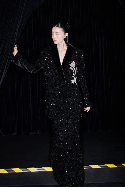 M essential Mackay designer orchid embroidery sequins jacket pencil slit skirt suit - tev.