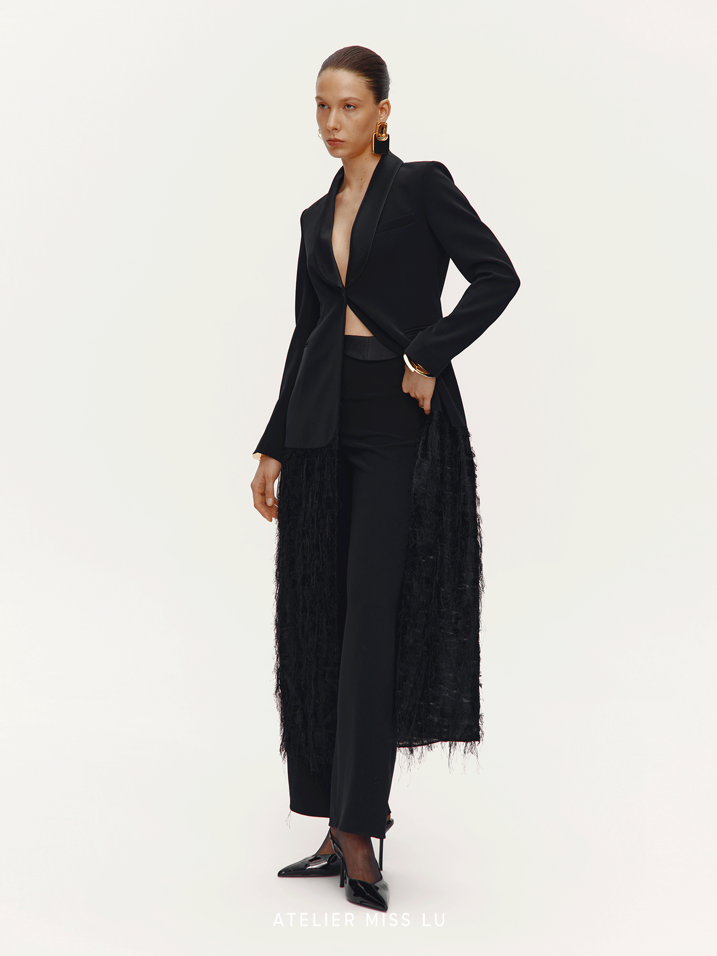 ATELIER MISS LU Slim Fringe Spliced Texture Long Dress Jacket - AMOT