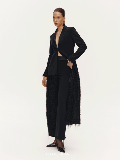 ATELIER MISS LU Slim Fringe Spliced Texture Long Dress Jacket - AMOT