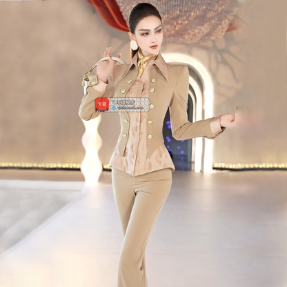 VJE Stitchwork Print Fake Top Flared Pants Two-Piece Business Suit-OLGO.