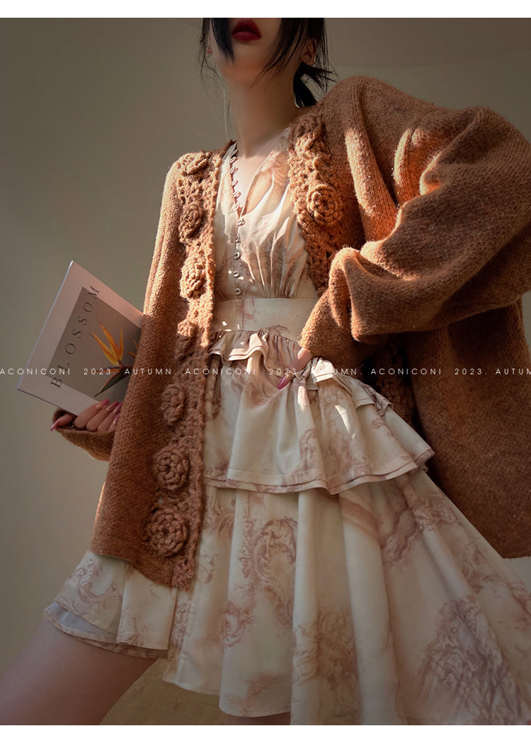 Aconiconi Luxury Loose V-Neck Long Sleeve Crochet Sweater - Camellia in the Fields