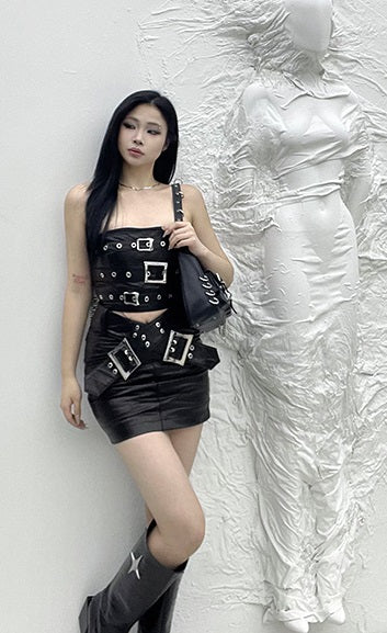 ANNAKIKI Niche designer black leather strappy bandeau dress-YUQI