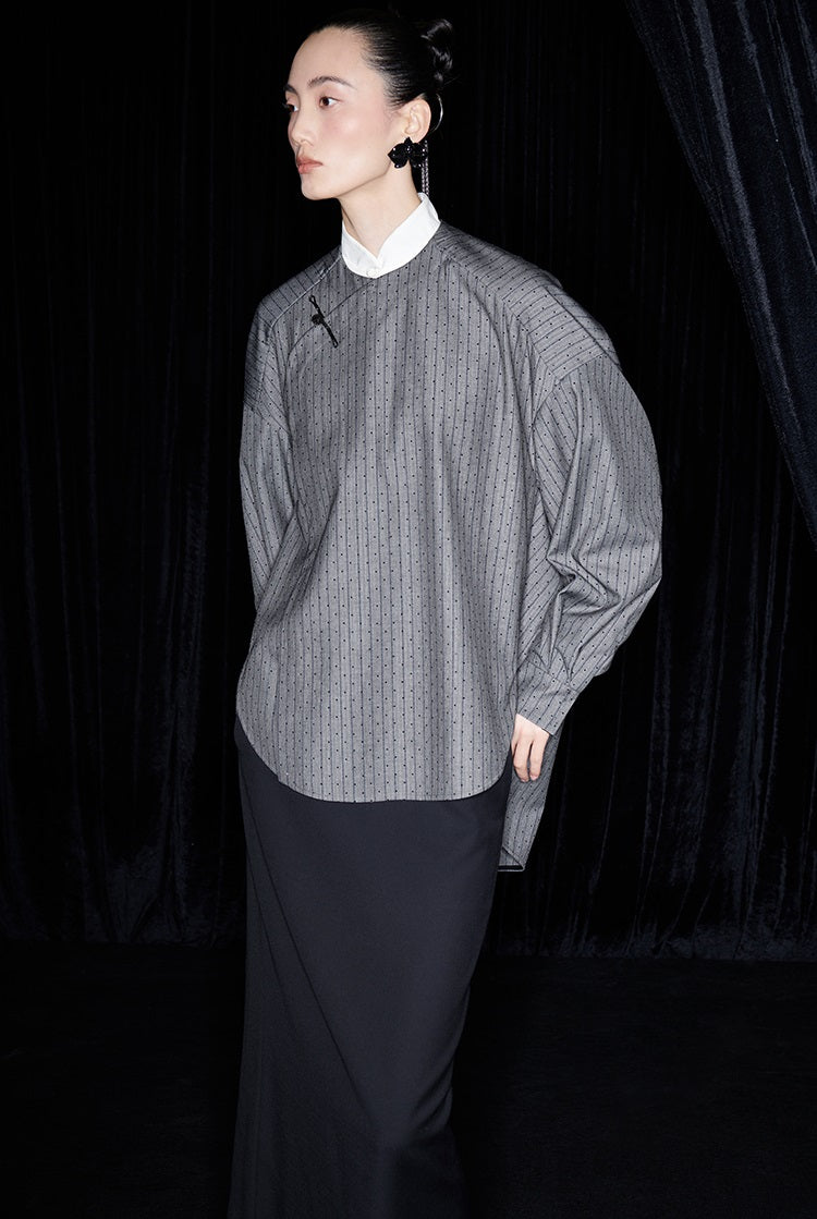 M essential Mackay designer sand diamond grey stripe diamond buckle silhouette shirt - ESHE .