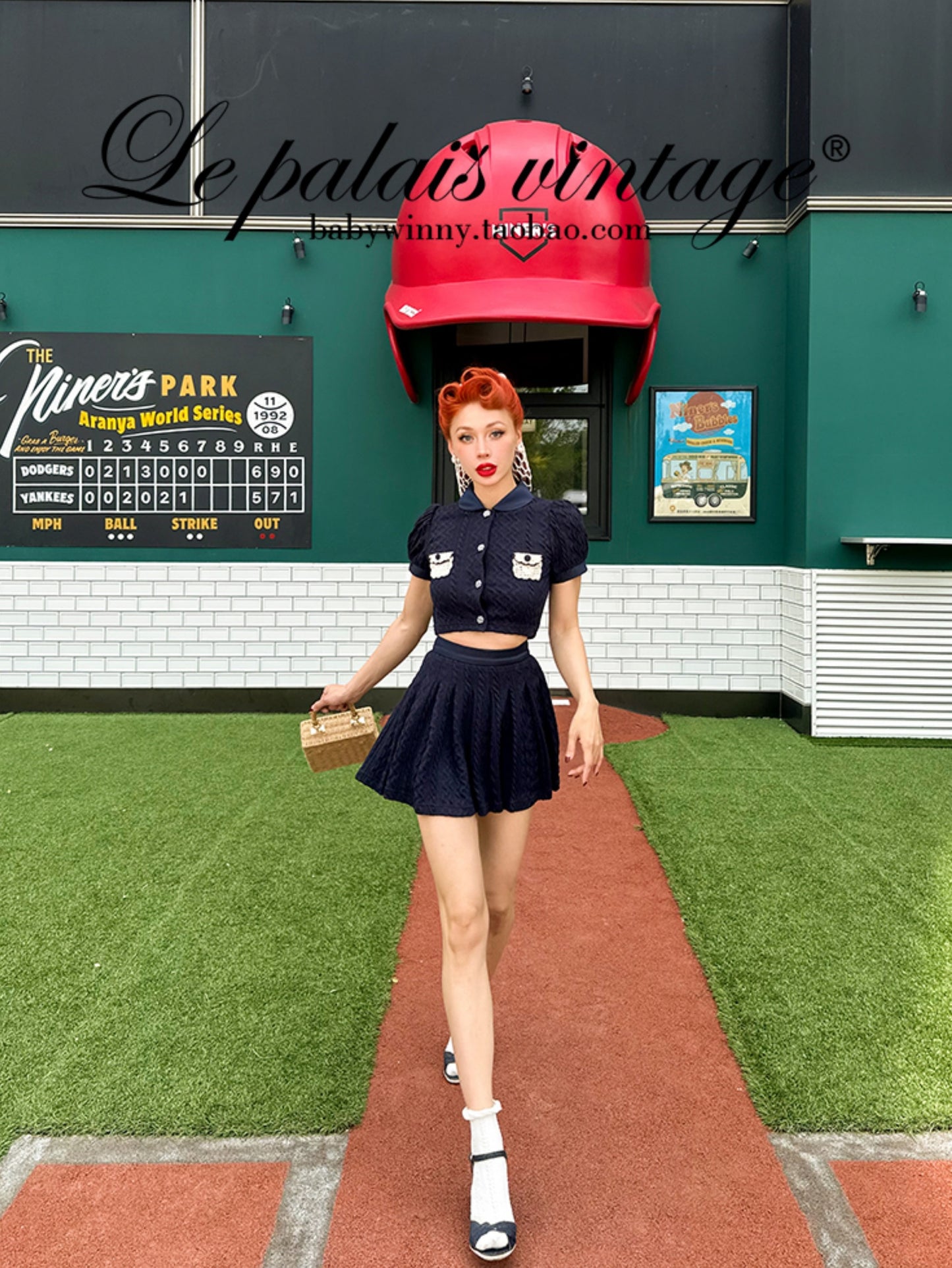 Le Palais  navy knitted puff sleeve top pleated skirt-XERX