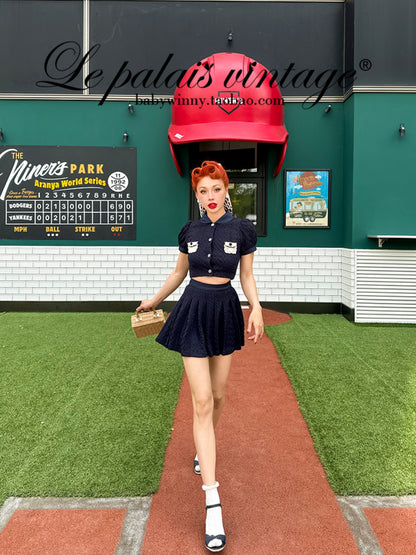 Le Palais  navy knitted puff sleeve top pleated skirt-XERX