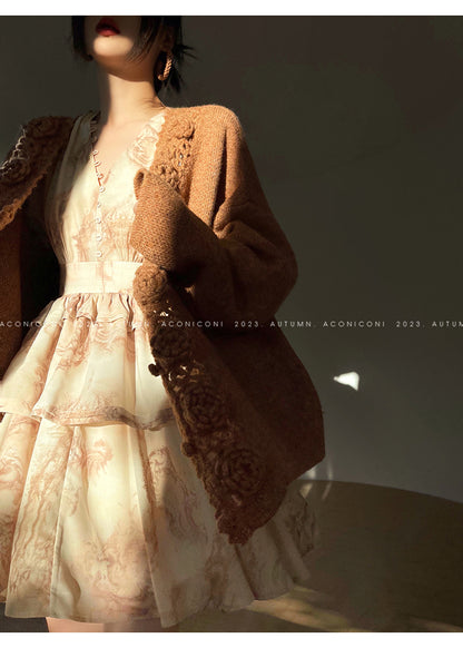 Aconiconi Luxury Loose V-Neck Long Sleeve Crochet Sweater - Camellia in the Fields