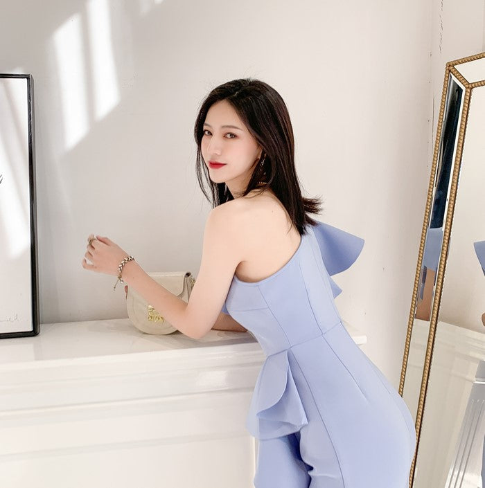 DOLLY Elegant Stylish Ruffle Off Shoulder Slim Fit Midi Slit Dinner Dress-LEOLA