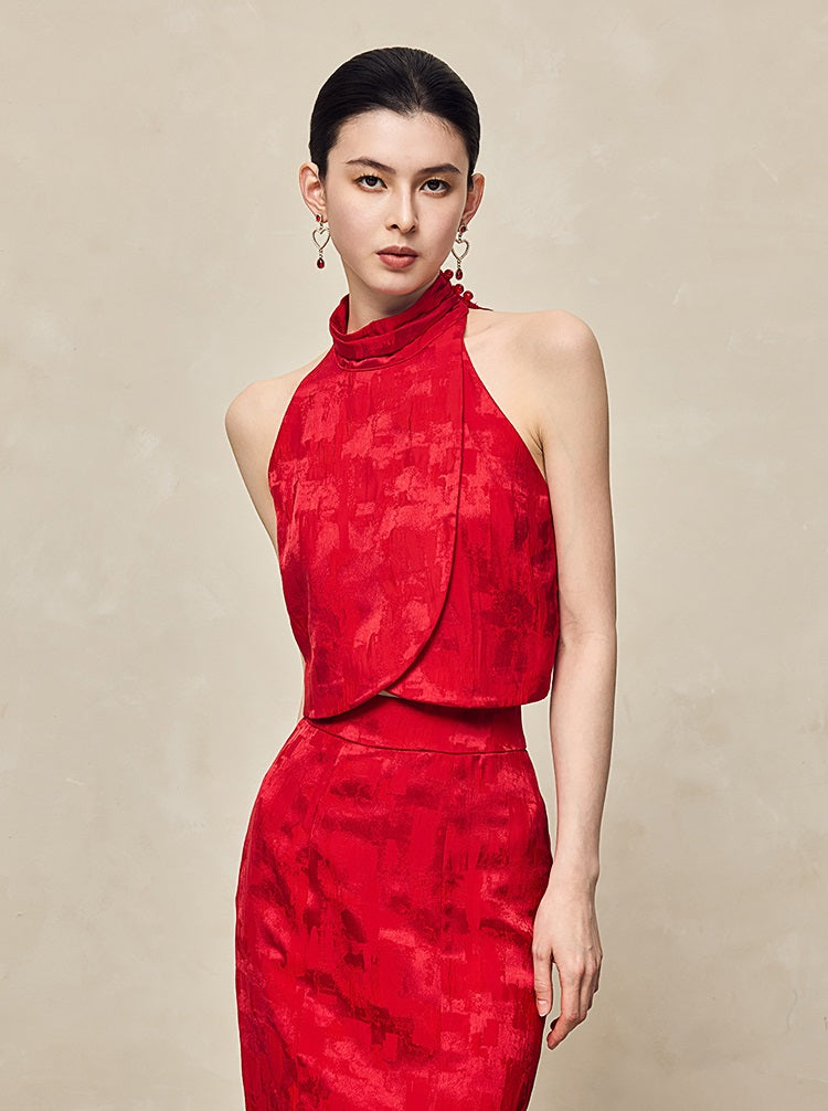 HECO Jacquard Fishtail High Waist Red Purple White Skirt Women - GRAVITY.