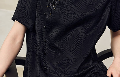 HECO Jacquard Round Neck Short Sleeve Black White Shirt Top Woman - GRACE.