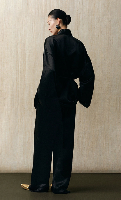 ZHUCHONGYU cross-collar satin black loose with belt jacket--MISAKI.