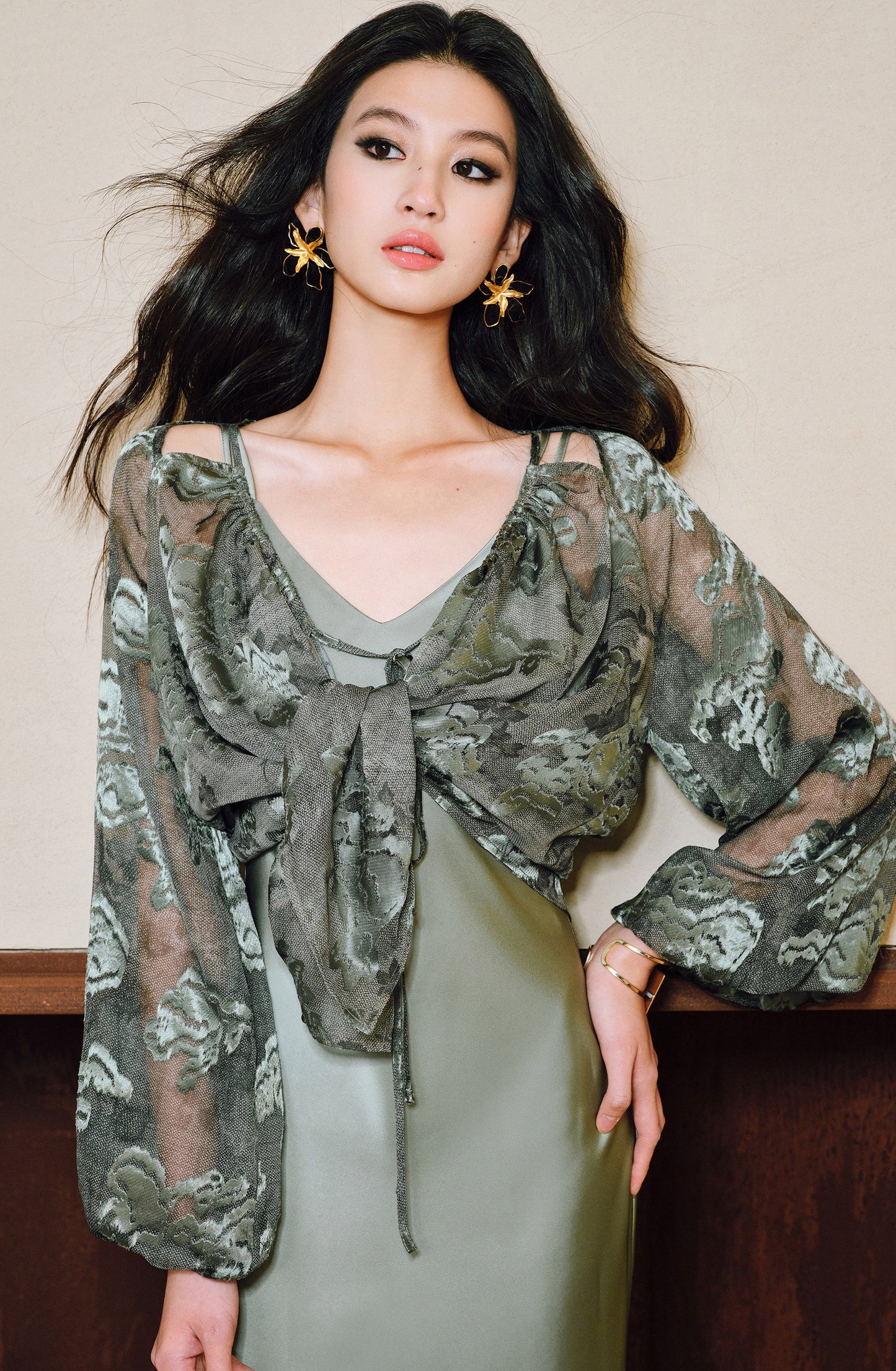 WANGXO Devoré Lace Light and Shadow Heavy Industry Bias French Cardigan & Satin Sundress Set - ESMEE