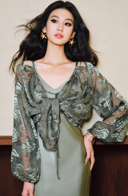 WANGXO Devoré Lace Light and Shadow Heavy Industry Bias French Cardigan & Satin Sundress Set - ESMEE
