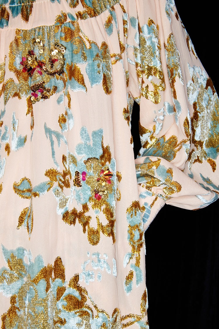 M essential Mackay designer Qili burnt floral velvet dense pleated lace-up loose top - PETER.