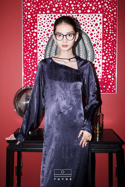 TUYUE Ancient diagonal satin handmade buckle slim dress- NAOMI.