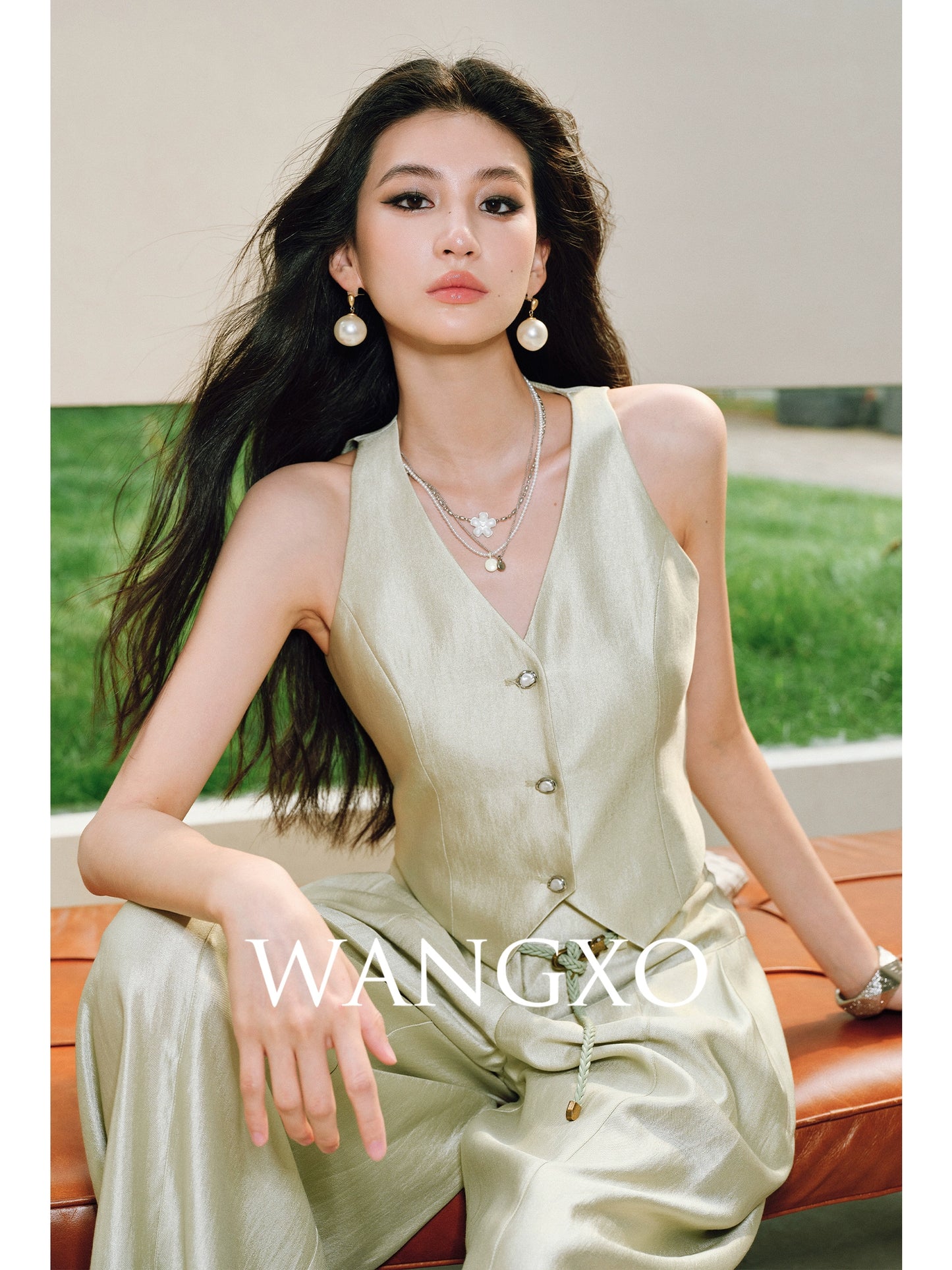 WANGXO | Silk Brocade Shaved Shoulder Vest Top & Tailored Pants Set  -NOOR