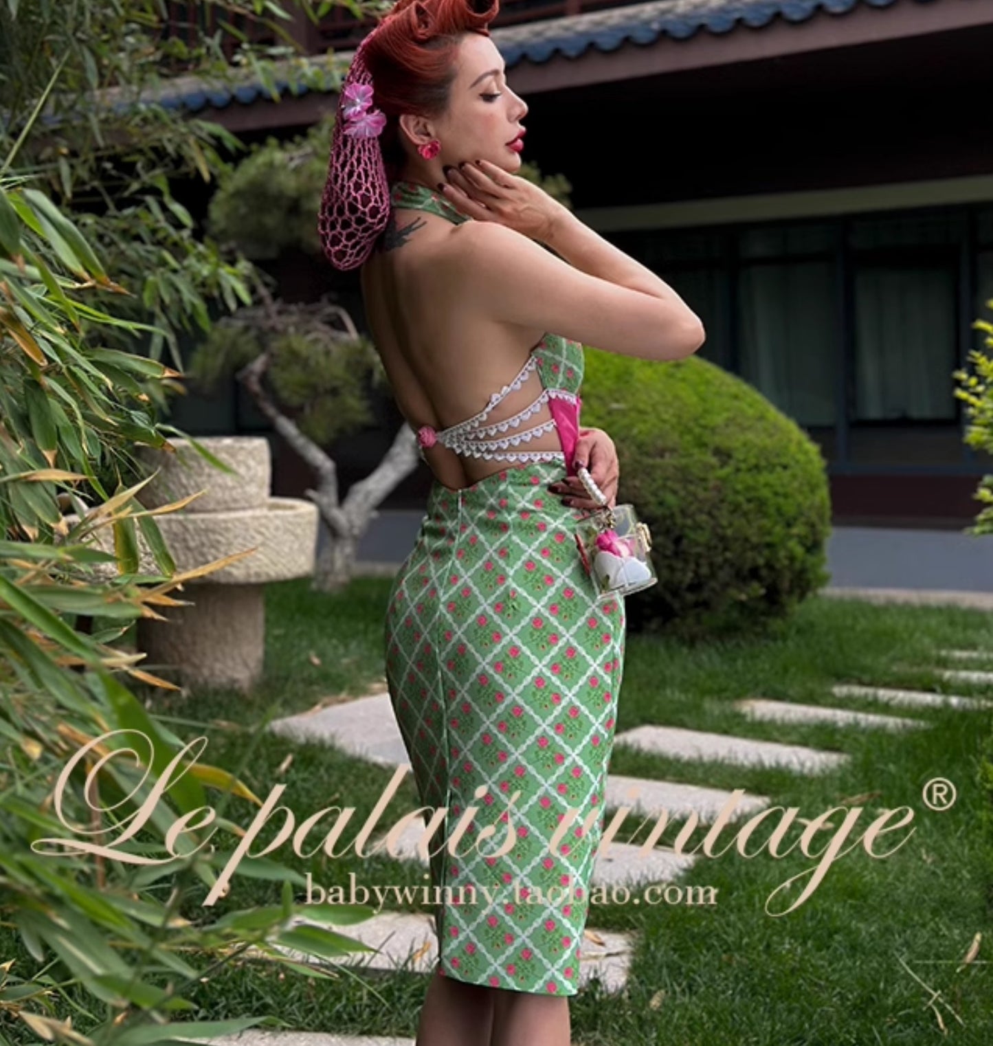 Le Palais Vintage Original Floral Cinched Waist Large Open Back Sexy Slim Dress-MICHE