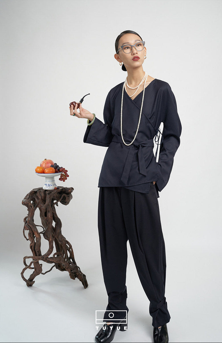 TUYUE Dai blue strappy silhouette leggings casual trousers- ANTHONY.