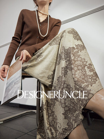 DGU "Mo Man" khaki green autumn new retro print high-waisted design skirt - MANE.