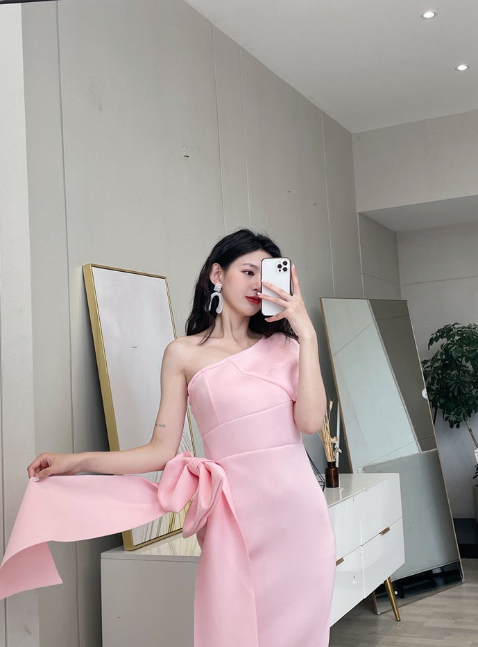 DOLLY Elegant French Style Slant Collar Sleeveless High Waist Midi Dress-QUINNE