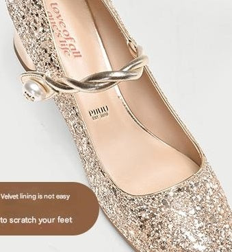 Pjjuu line belt square heel MaryJane gold wedding bridal Shoes  - MARA