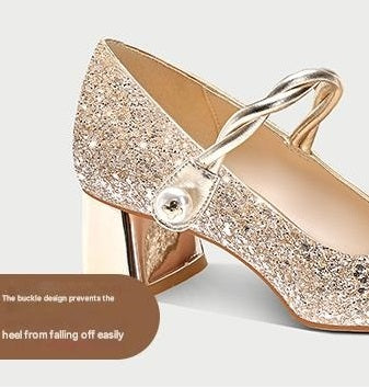 Pjjuu line belt square heel MaryJane gold wedding bridal Shoes  - MARA