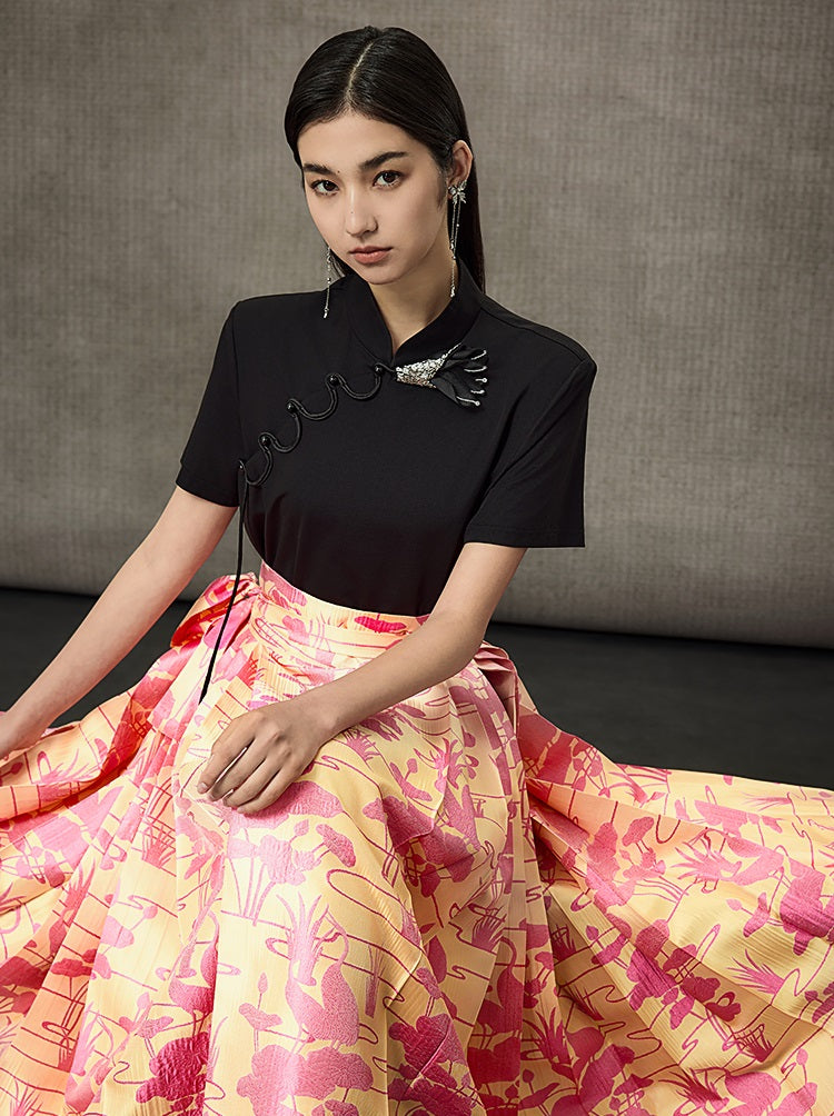 HECO Summer Handmade Orchid Winding Mandarin Neckline Short Sleeve Top - FLIGHT.