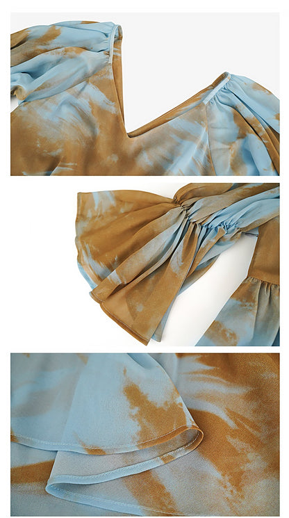 HECO Chinese V-neck wavy sleeve summer big resort dress - AMAZE .